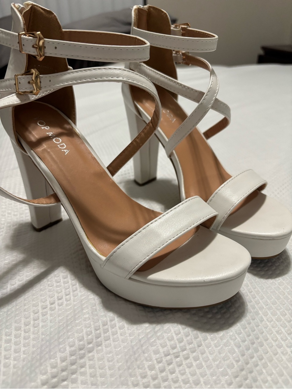 TOP Moda White Strappy Platform Heels with Gold Buckles - Picture 2 of 11